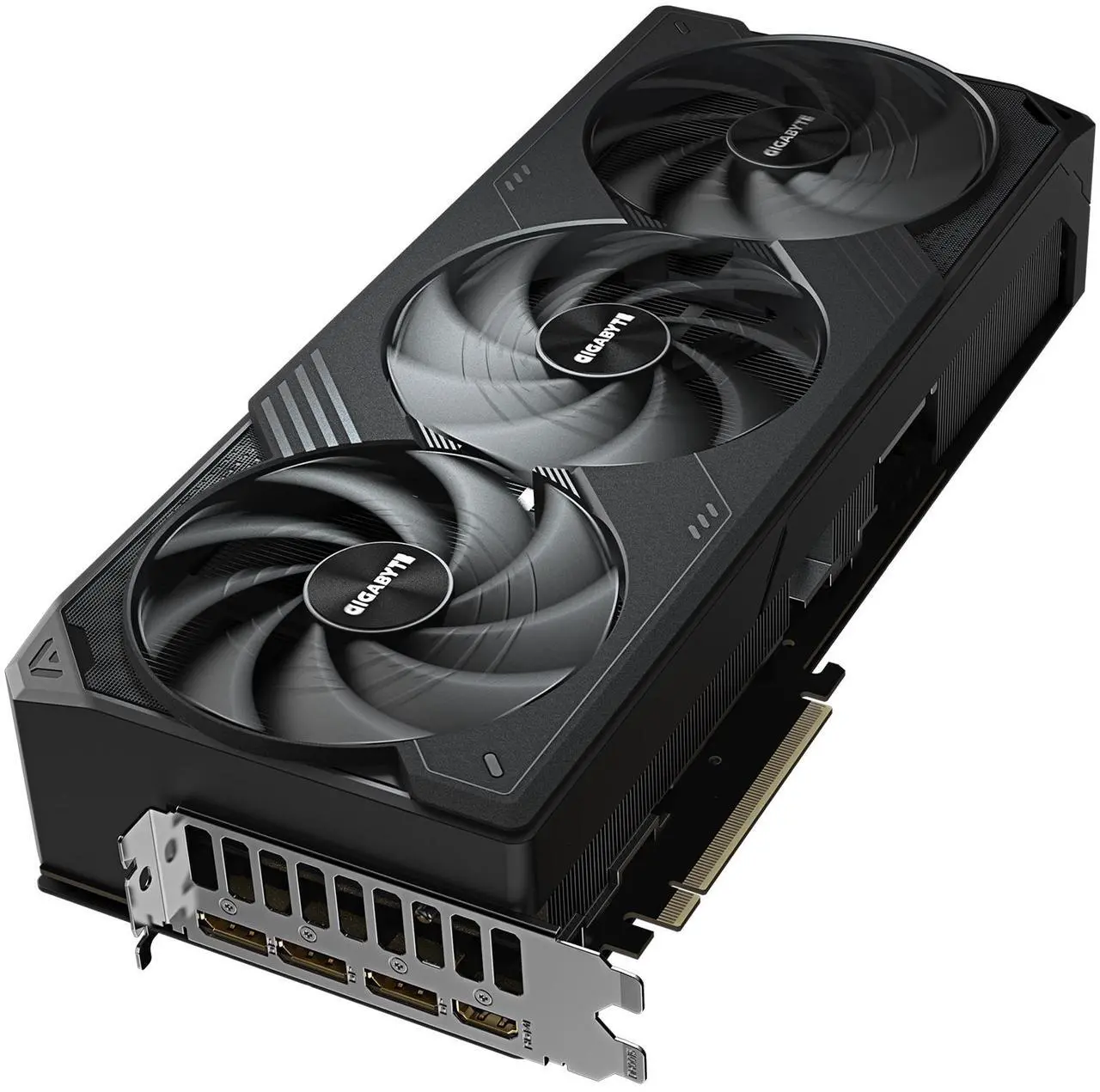 Side profile of GIGABYTE GeForce RTX 5090 showing DisplayPort 2.1 and HDMI 2.1a connectivity ports.