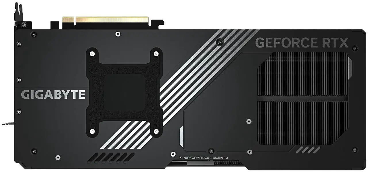 Rear view of GIGABYTE RTX 5090 WINDFORCE showing the reinforced metal backplate and screen cooling vent